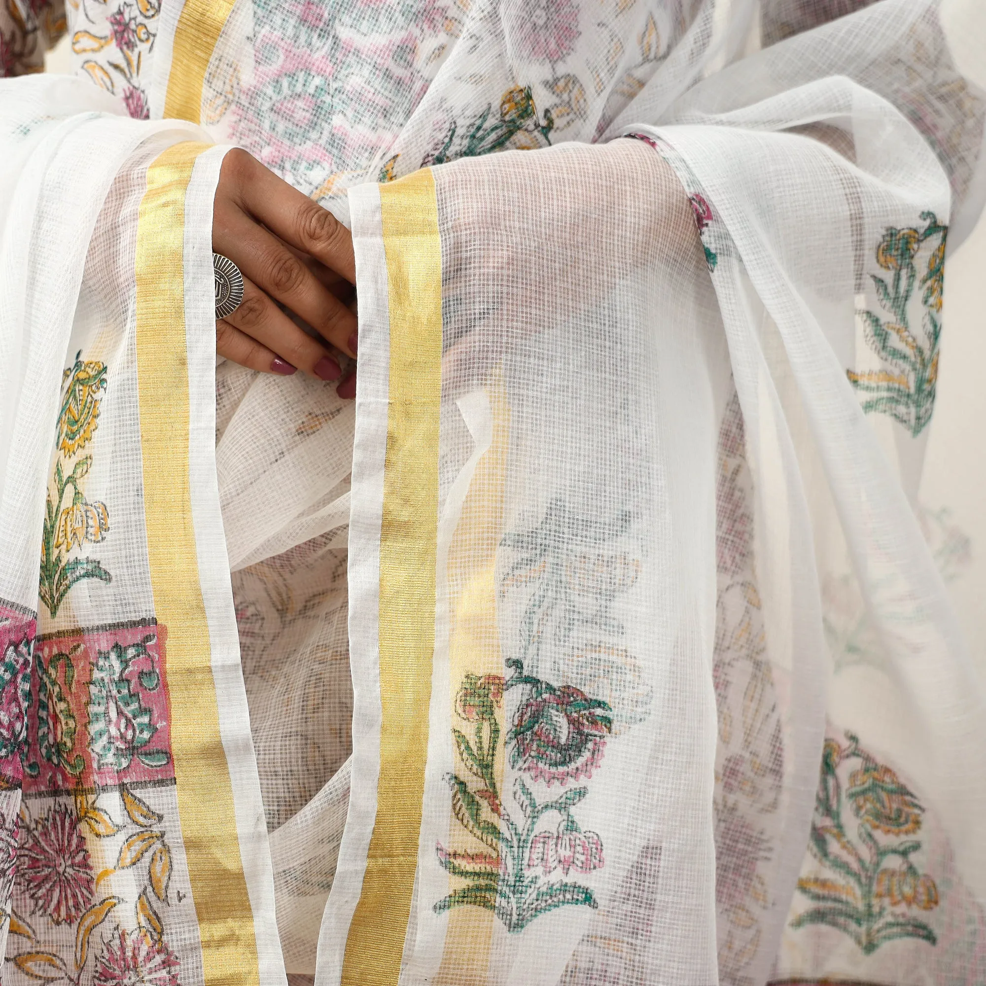White - Sanganeri Block Printed Kota Doria Kurta with Palazzo & Dupatta Set 14 sold by Itokri product image thumbnail 5