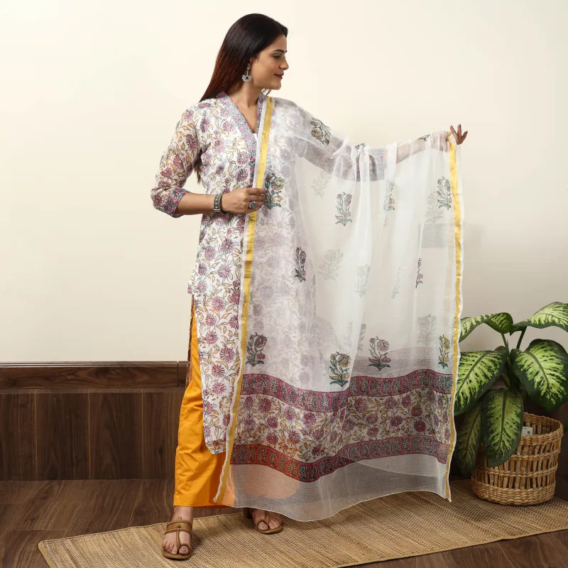 White - Sanganeri Block Printed Kota Doria Kurta with Palazzo & Dupatta Set 14 made by Itokri