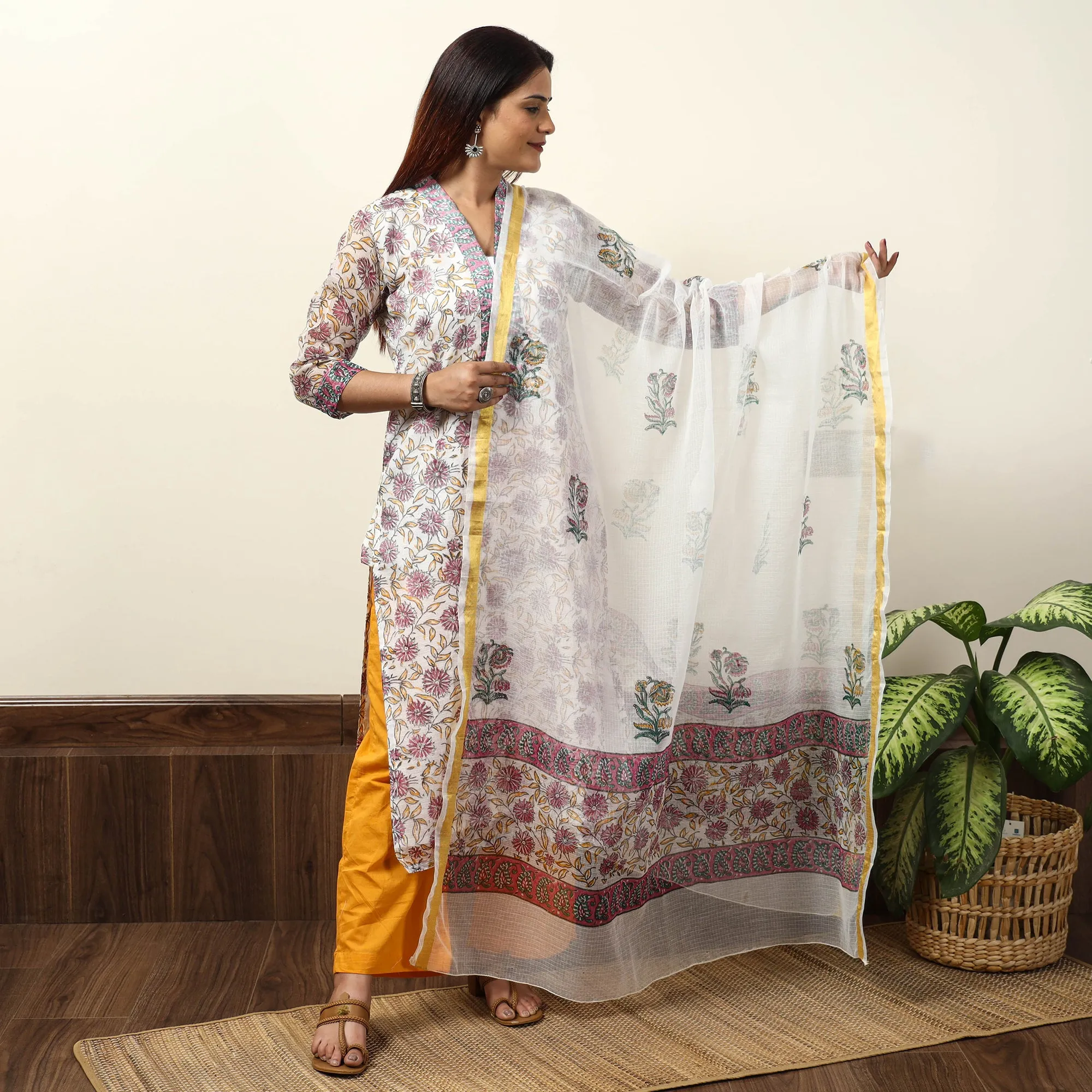 White - Sanganeri Block Printed Kota Doria Kurta with Palazzo & Dupatta Set 14 sold by Itokri