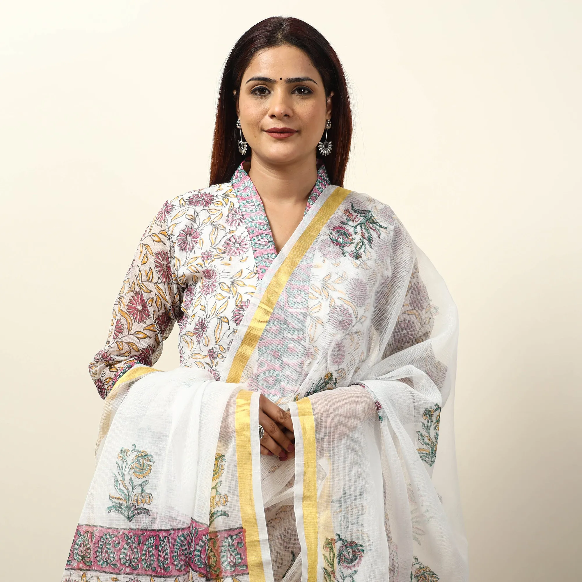 White - Sanganeri Block Printed Kota Doria Kurta with Palazzo & Dupatta Set 14 sold by Itokri product image thumbnail 4
