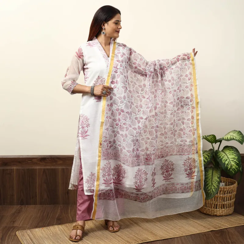 White - Sanganeri Block Printed Kota Doria Kurta with Palazzo & Dupatta Set 07 made by Itokri