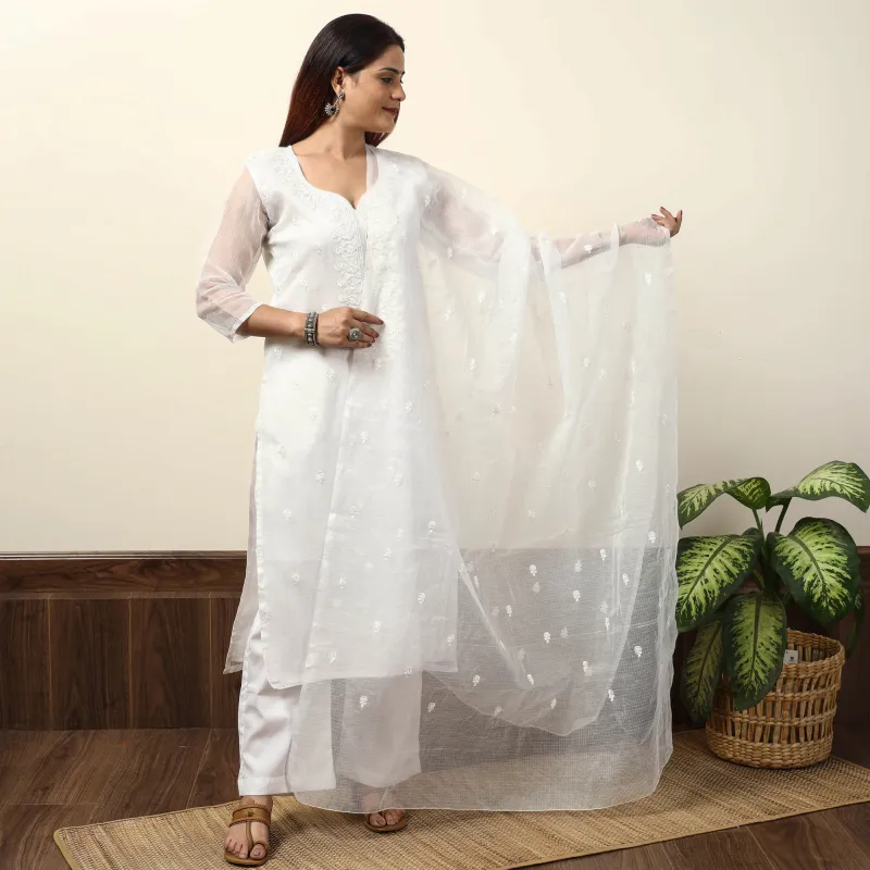 White - Kota Doria Embroidered Kurta with Palazzo & Dupatta Set 03 made by Itokri