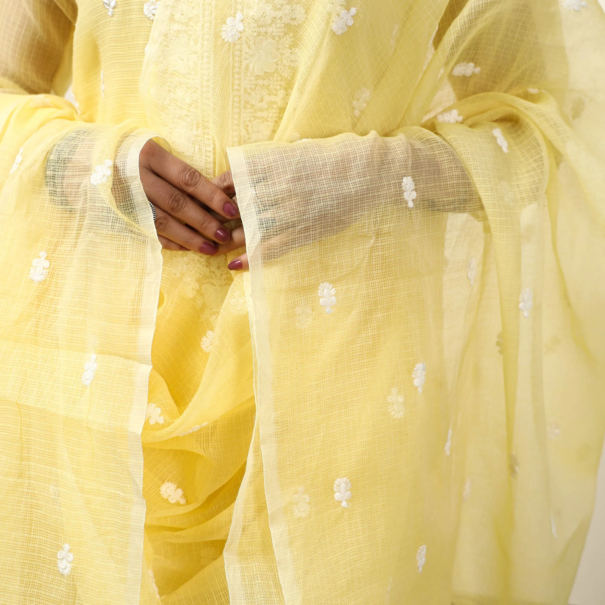 Yellow - Kota Doria Embroidered Kurta with Palazzo & Dupatta Set 02 sold by Itokri product image thumbnail 5