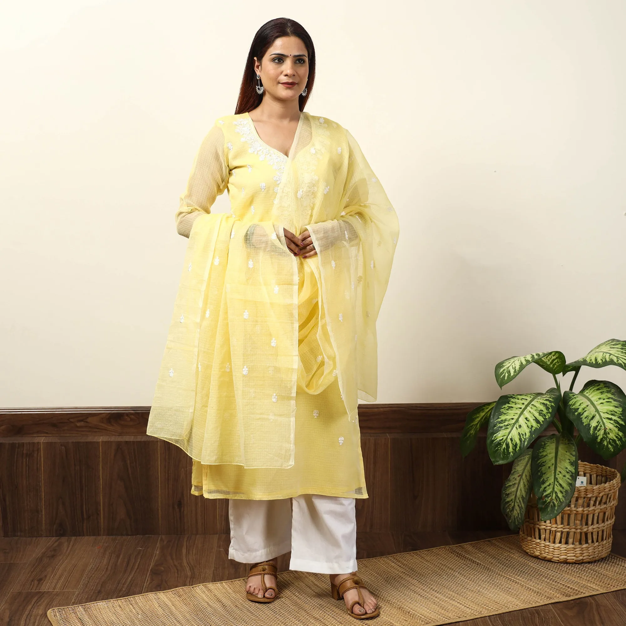 Yellow - Kota Doria Embroidered Kurta with Palazzo & Dupatta Set 02 sold by Itokri product image thumbnail 3