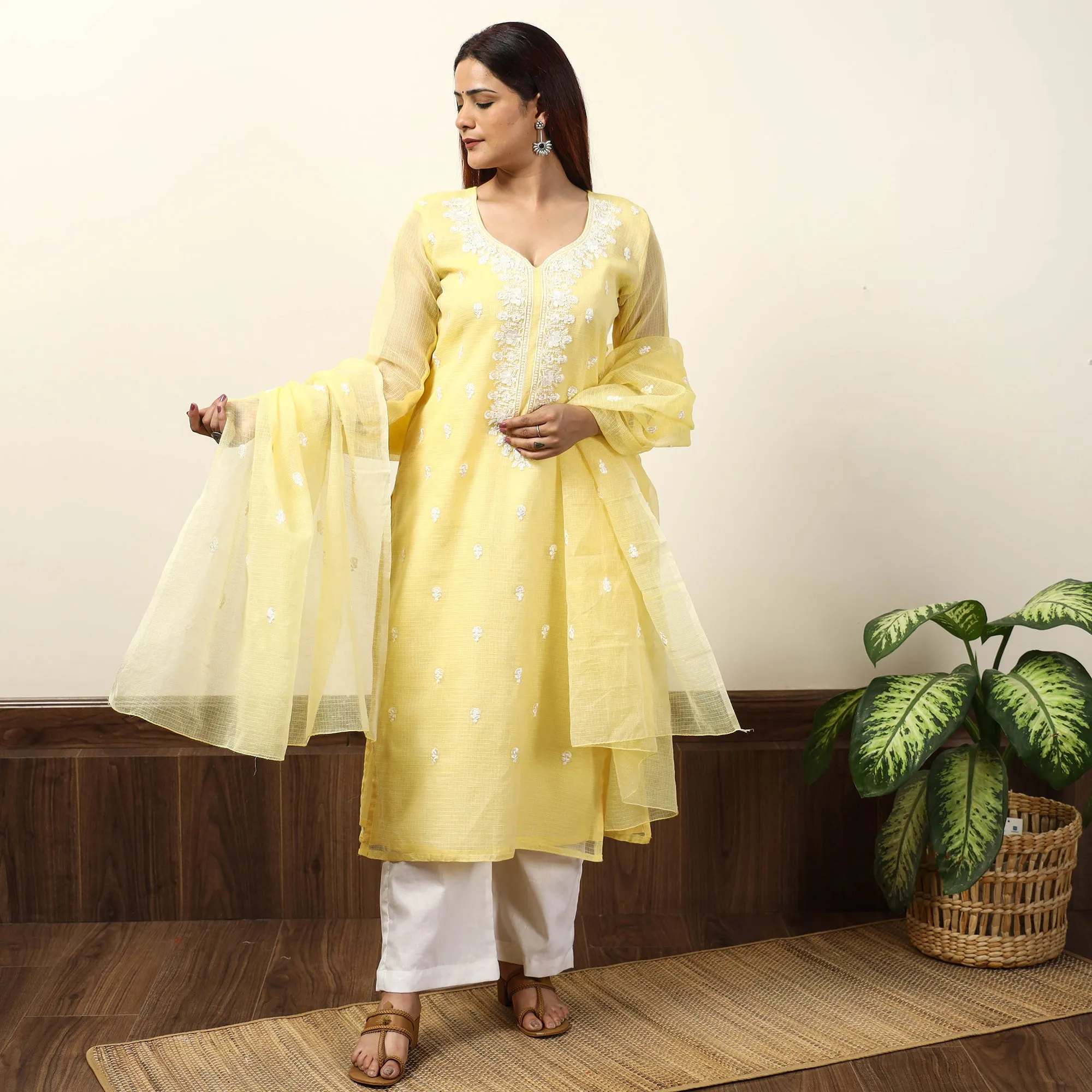 Yellow - Kota Doria Embroidered Kurta with Palazzo & Dupatta Set 02 sold by Itokri product image thumbnail 2