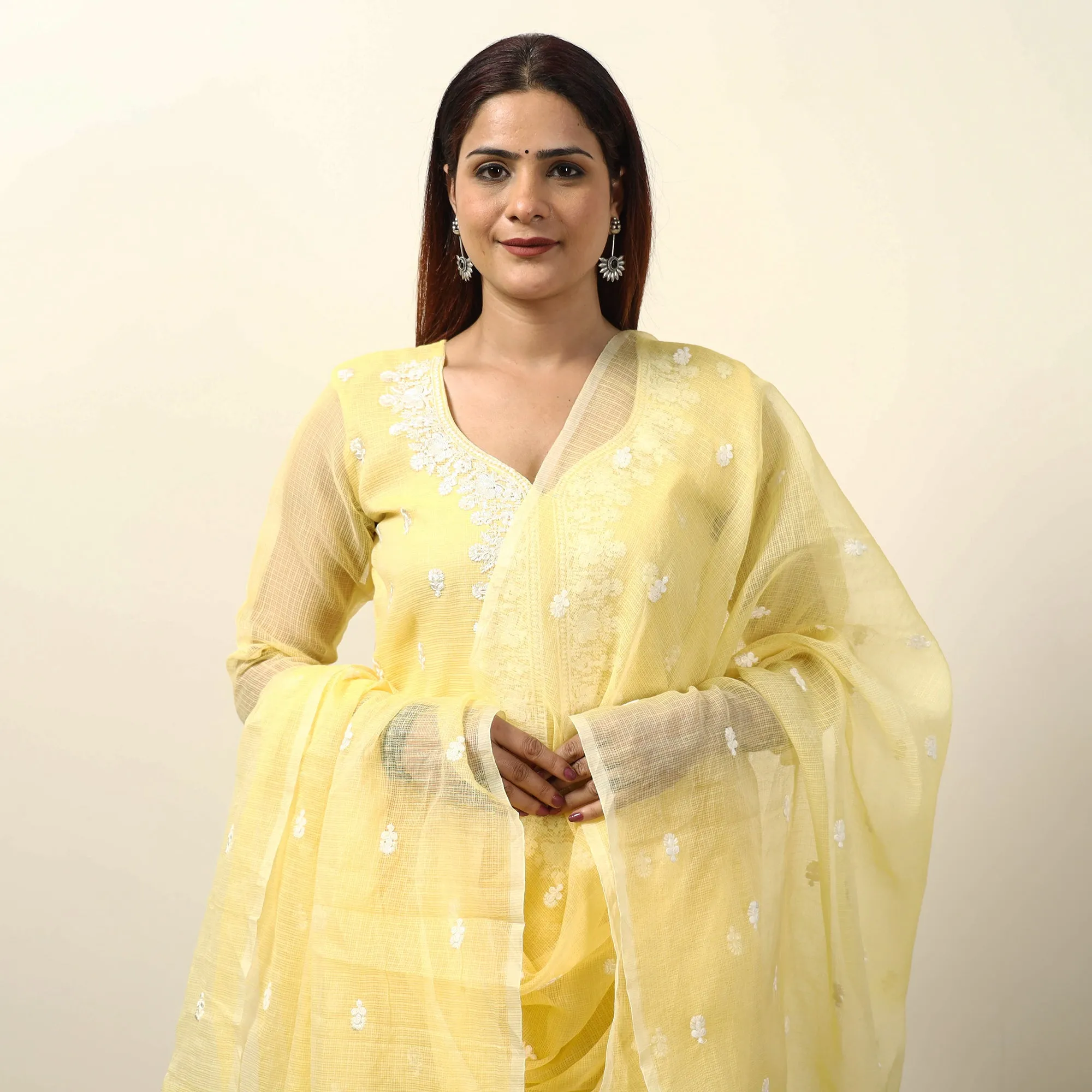 Yellow - Kota Doria Embroidered Kurta with Palazzo & Dupatta Set 02 sold by Itokri product image thumbnail 4