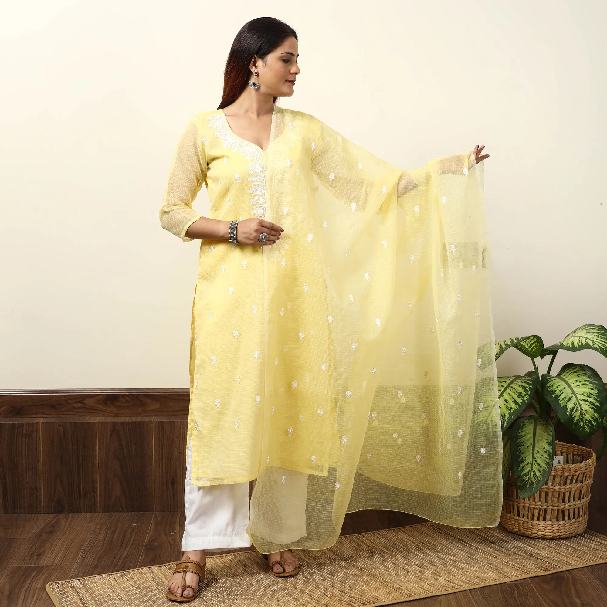 Yellow - Kota Doria Embroidered Kurta with Palazzo & Dupatta Set 02 sold by Itokri
