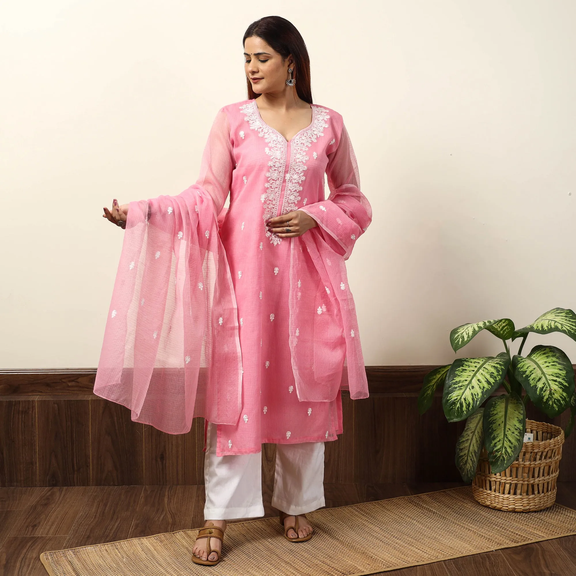 Kota Doria Embroidered Kurta with Palazzo & Dupatta Set 01 sold by Itokri product image thumbnail 2