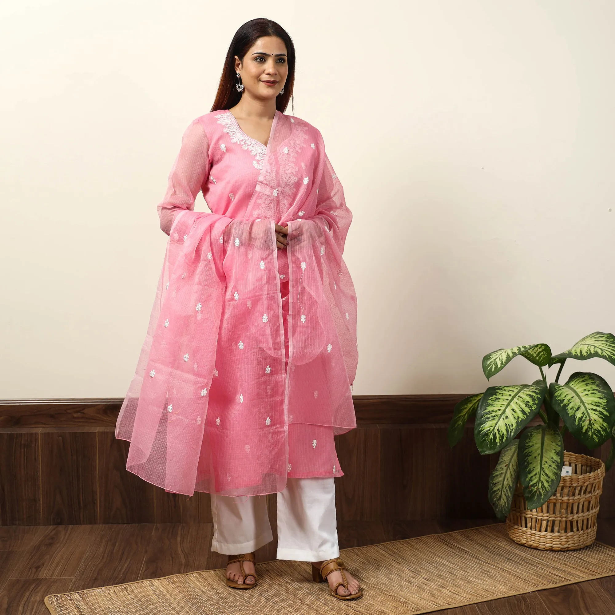 Kota Doria Embroidered Kurta with Palazzo & Dupatta Set 01 sold by Itokri product image thumbnail 3