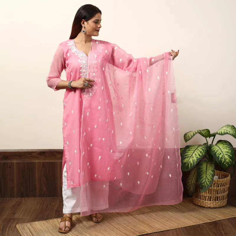 Kota Doria Embroidered Kurta with Palazzo & Dupatta Set 01 made by Itokri