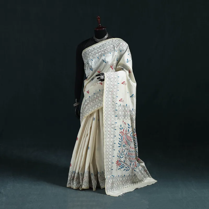 White - Bengal Hand Embroidery Silk Nakshi Kantha Saree 33 made by Itokri