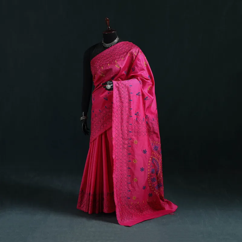 Pink - Bengal Hand Embroidery Silk Nakshi Kantha Saree 28 made by Itokri