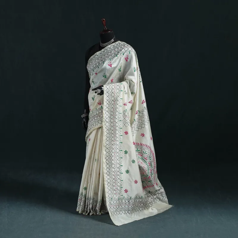 White - Bengal Hand Embroidery Silk Nakshi Kantha Saree 21 made by Itokri