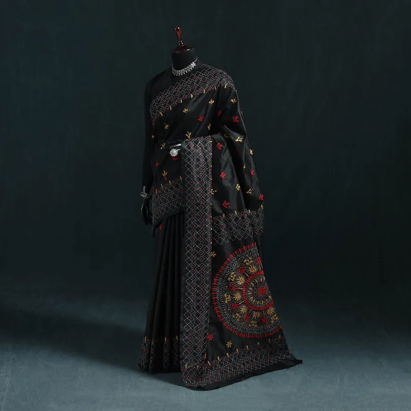 Black - Bengal Hand Embroidery Silk Nakshi Kantha Saree 15 made by Itokri