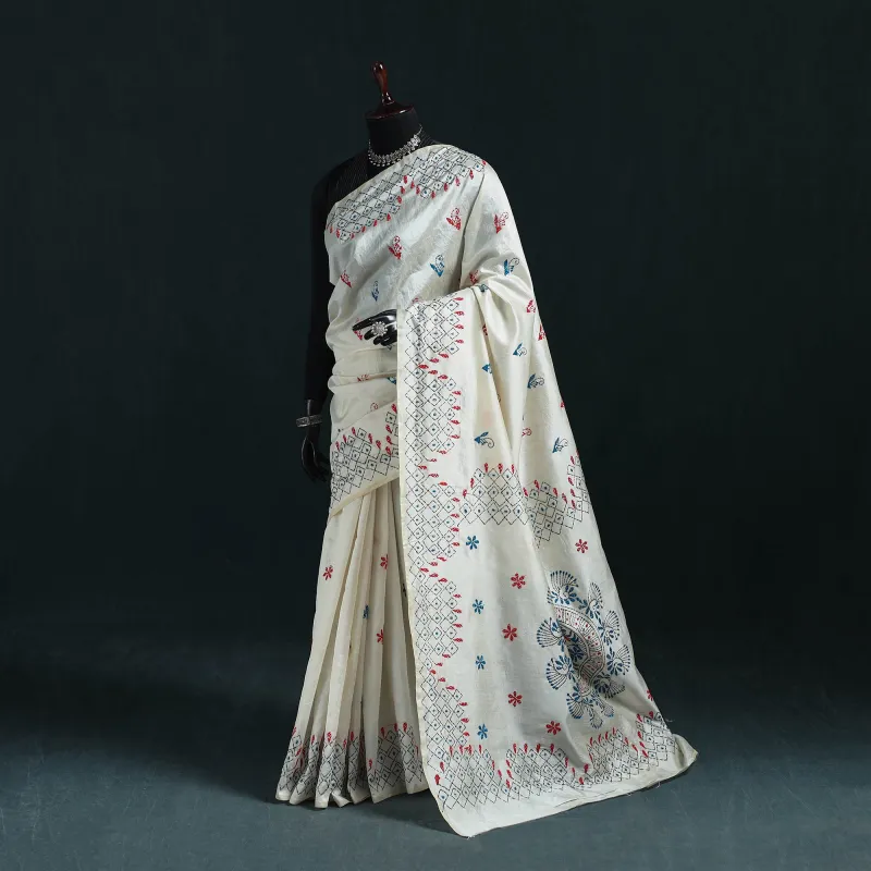 White - Bengal Hand Embroidery Silk Nakshi Kantha Saree 13 made by Itokri
