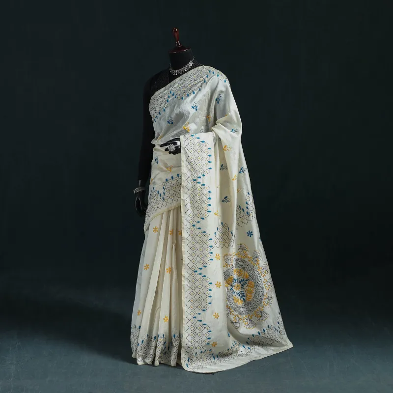 White - Bengal Hand Embroidery Silk Nakshi Kantha Saree 08 made by Itokri