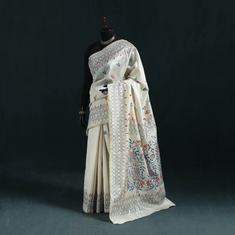 White - Bengal Hand Embroidery Silk Nakshi Kantha Saree 05 made by Itokri