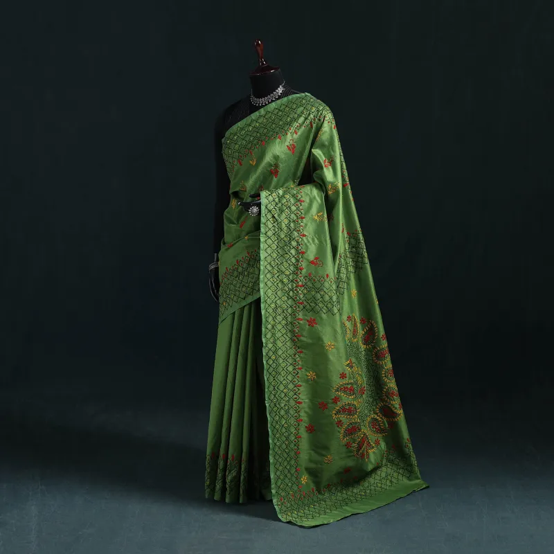 Green - Bengal Hand Embroidery Silk Nakshi Kantha Saree 04 made by Itokri