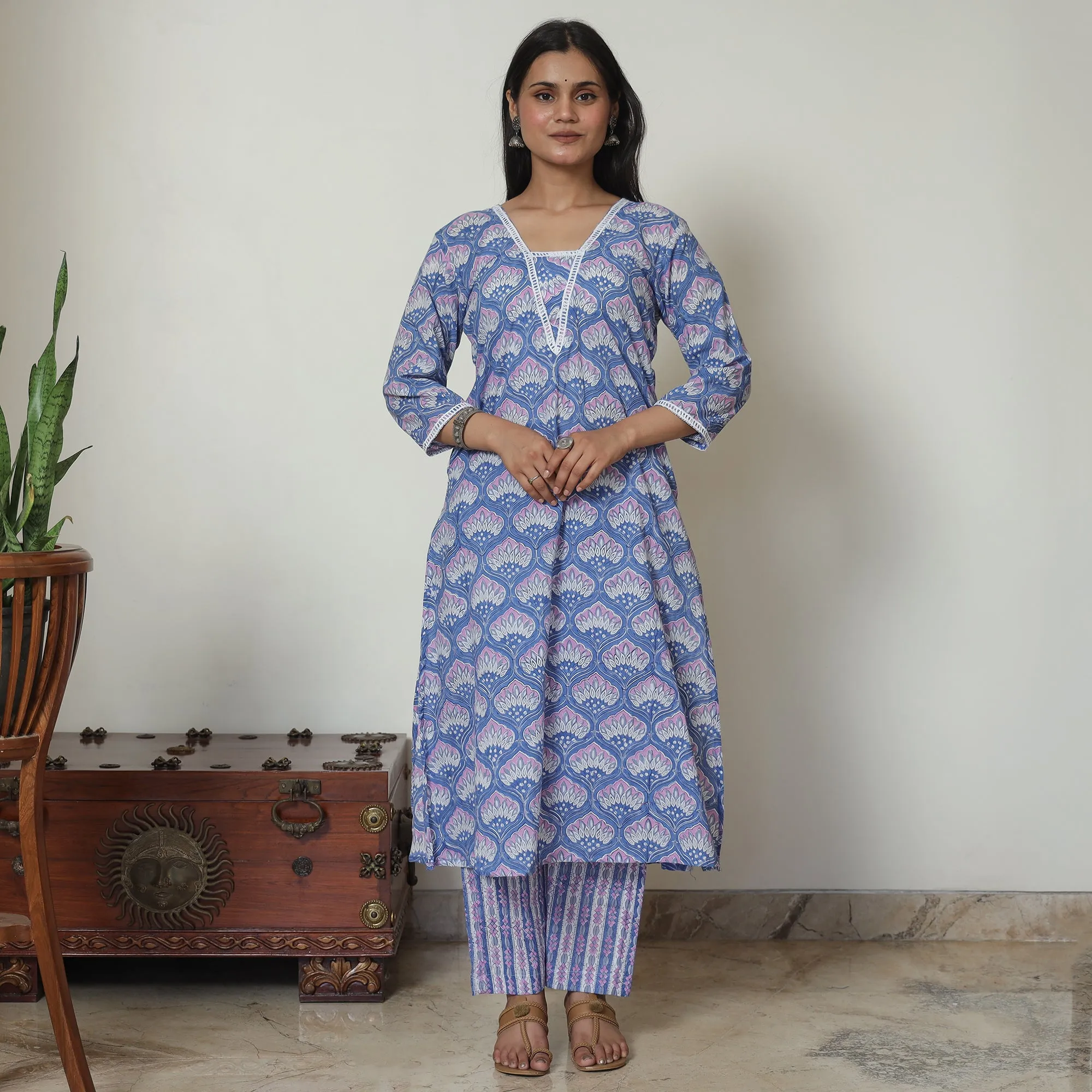 Blue - Sanganeri Block Printed Cotton Kurta with Palazzo Set 08 sold by Itokri product image thumbnail 2