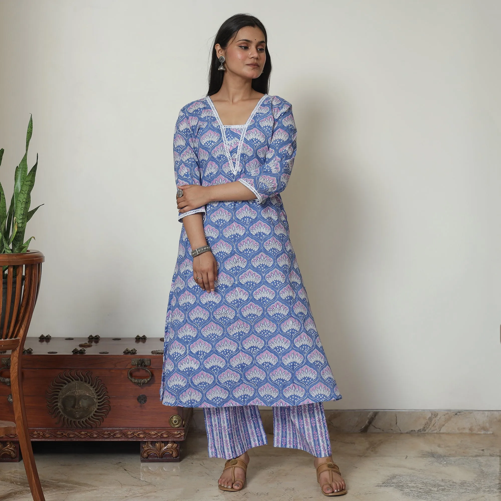 Blue - Sanganeri Block Printed Cotton Kurta with Palazzo Set 08 sold by Itokri product image thumbnail 3