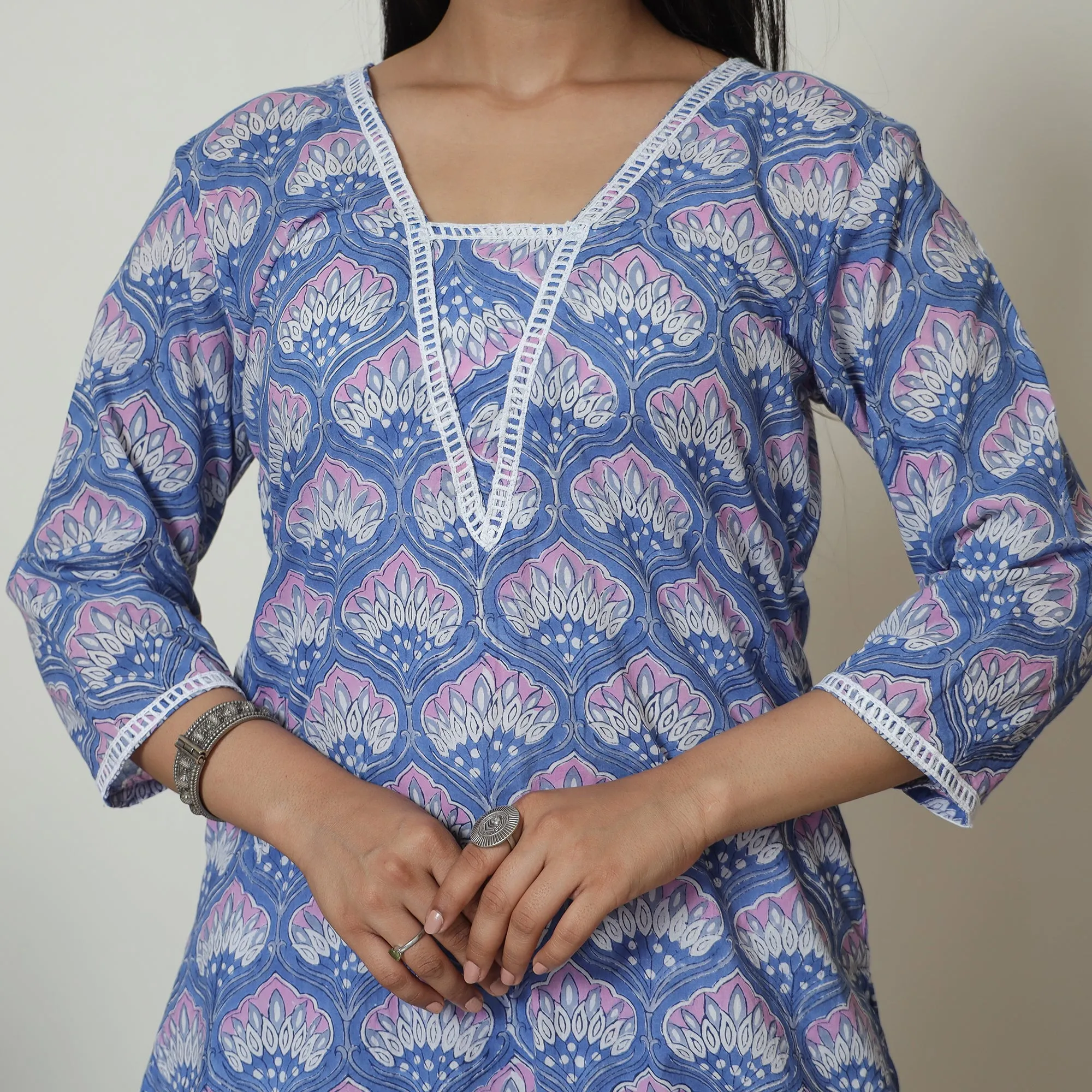 Blue - Sanganeri Block Printed Cotton Kurta with Palazzo Set 08 sold by Itokri product image thumbnail 4