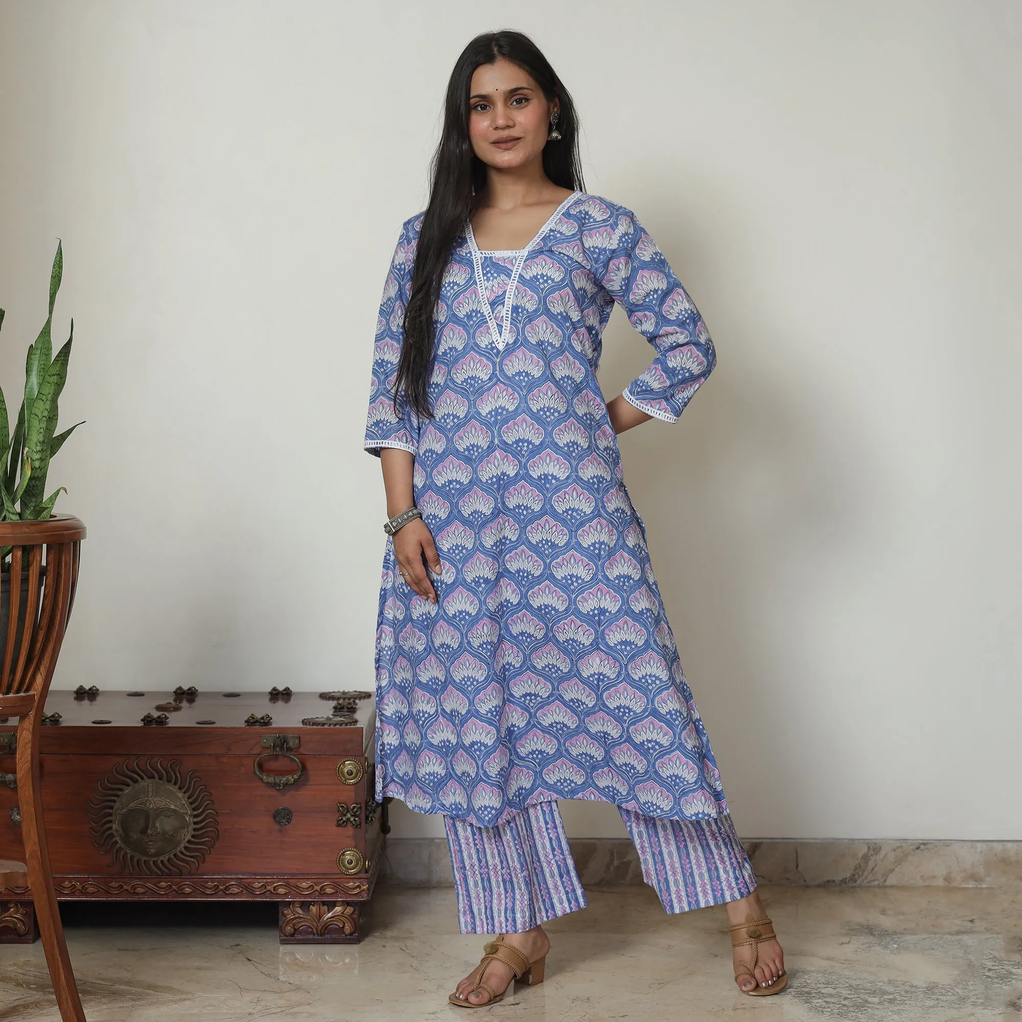 Blue - Sanganeri Block Printed Cotton Kurta with Palazzo Set 08 sold by Itokri