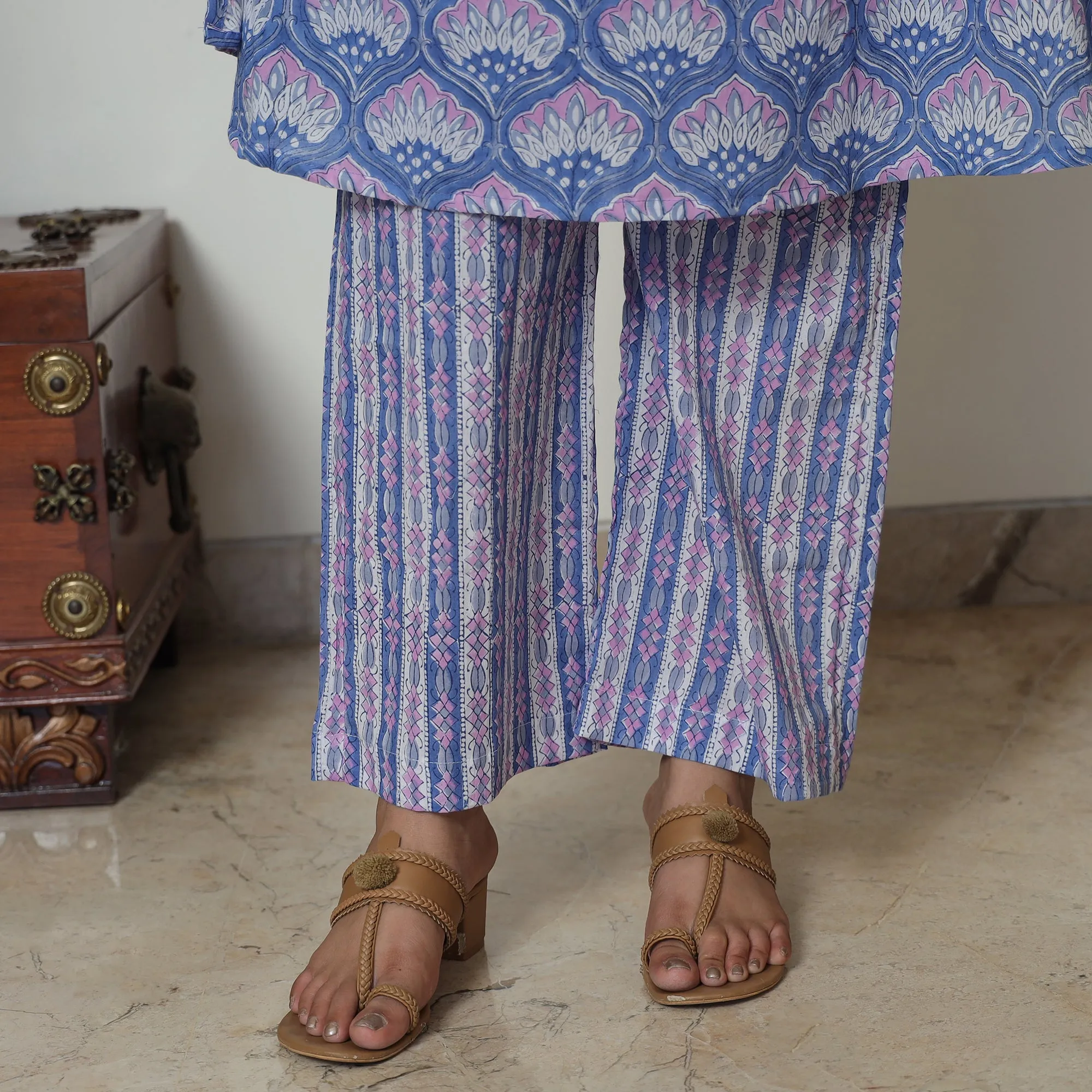 Blue - Sanganeri Block Printed Cotton Kurta with Palazzo Set 08 sold by Itokri product image thumbnail 5