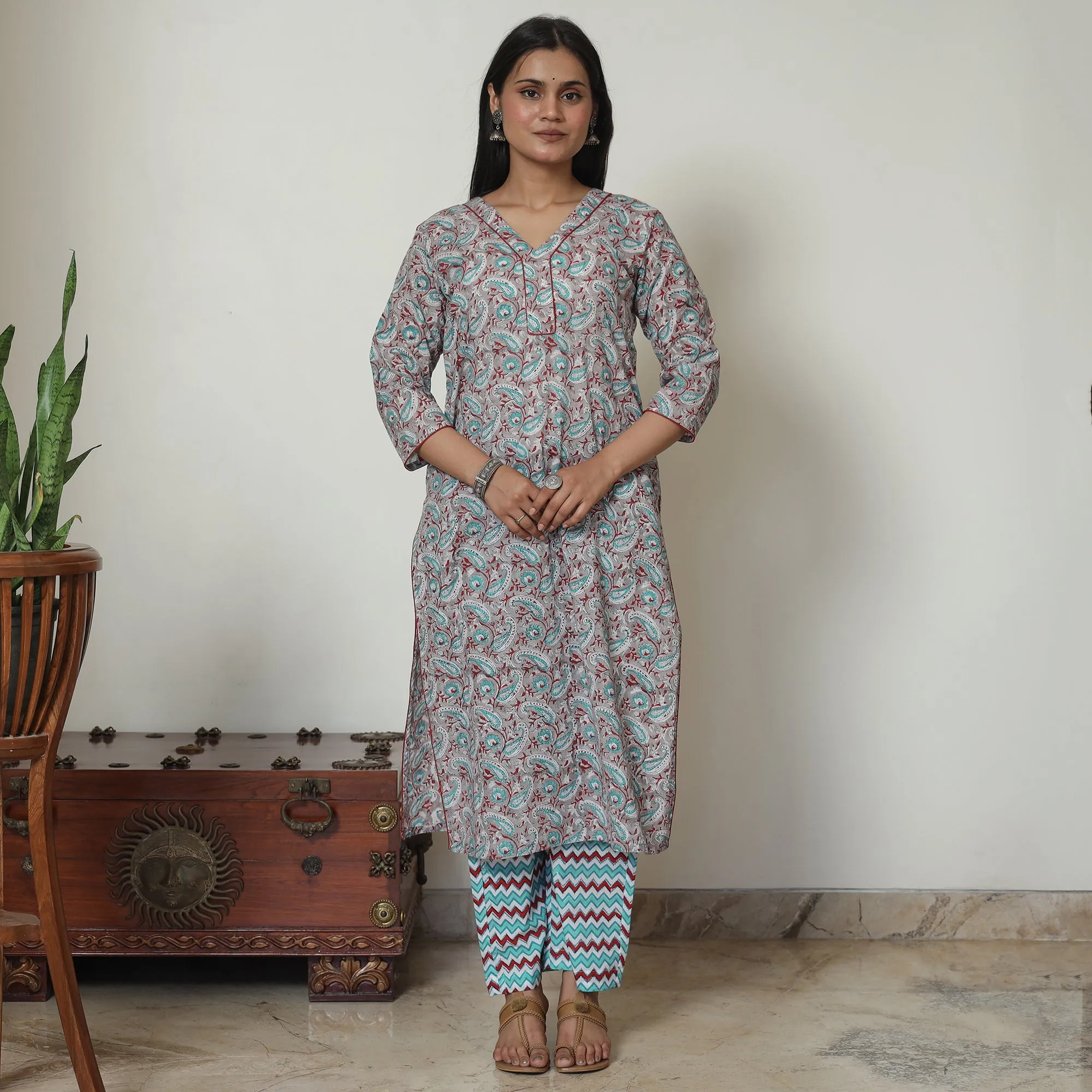 Grey - Sanganeri Block Printed Cotton Kurta with Palazzo Set 04 sold by Itokri product image thumbnail 2