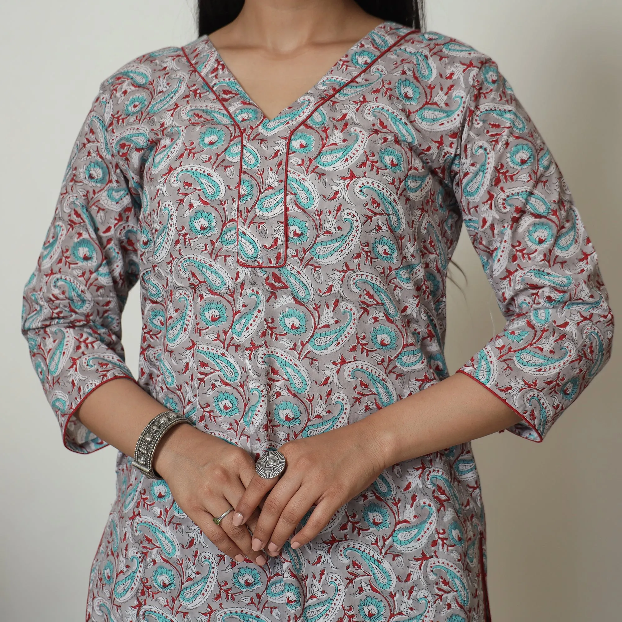 Grey - Sanganeri Block Printed Cotton Kurta with Palazzo Set 04 sold by Itokri product image thumbnail 4