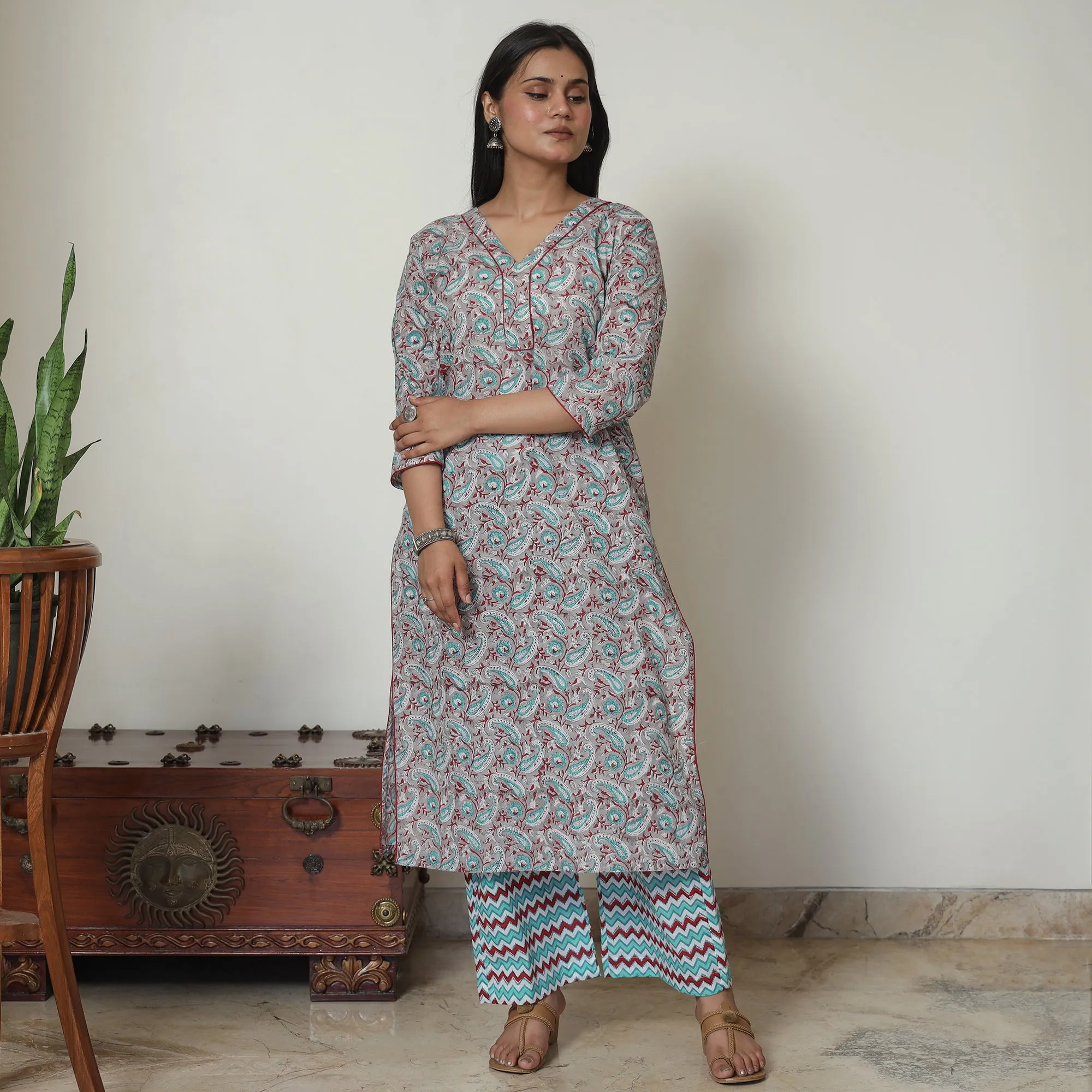 Grey - Sanganeri Block Printed Cotton Kurta with Palazzo Set 04 sold by Itokri product image thumbnail 3