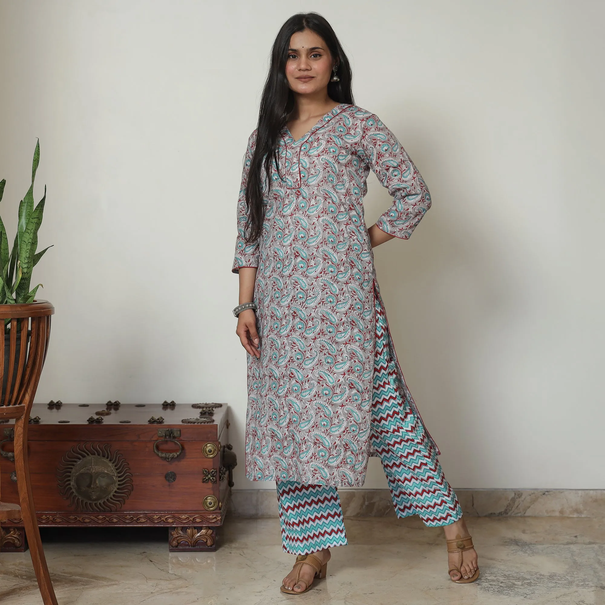 Grey - Sanganeri Block Printed Cotton Kurta with Palazzo Set 04 sold by Itokri