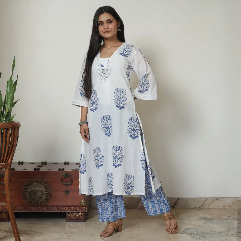 White - Sanganeri Block Printed Cotton Kurta with Palazzo Set 07 made by Itokri