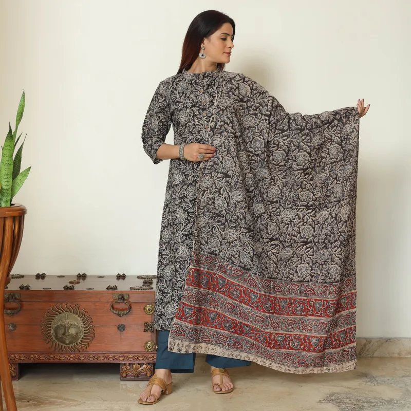 Black - Pedana Kalamkari Block Printed Cotton Kurta with Palazzo & Dupatta Set 10 made by Itokri