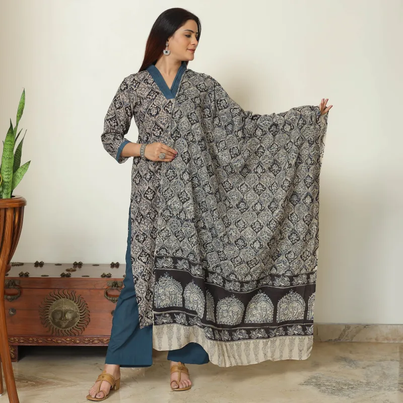 Grey - Pedana Kalamkari Block Printed Cotton Kurta with Palazzo & Dupatta Set 13 made by Itokri