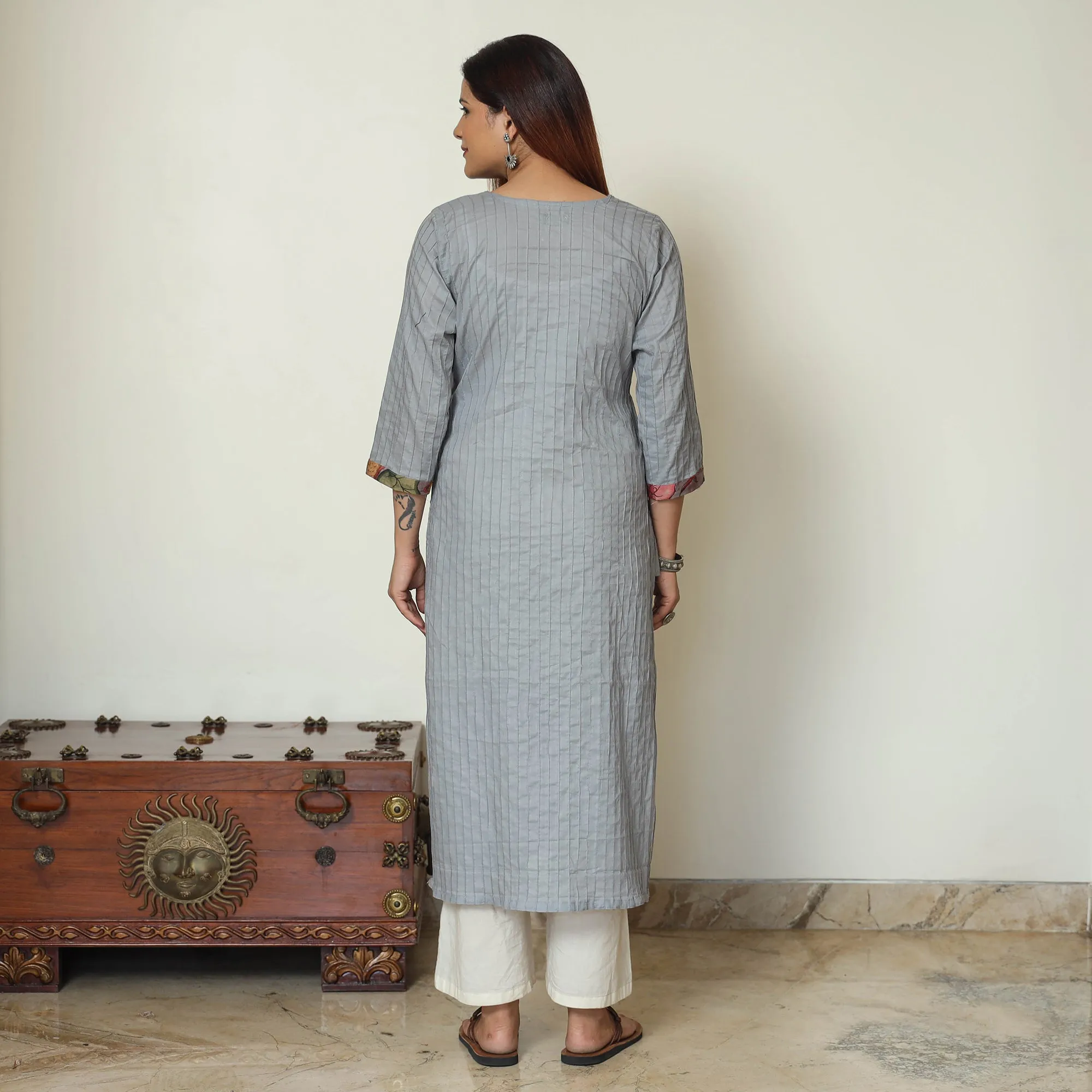 Grey - Srikalahasti Kalamkari Patchwork Pintuck Plain Cotton Straight Kurta 04 sold by Itokri product image thumbnail 3