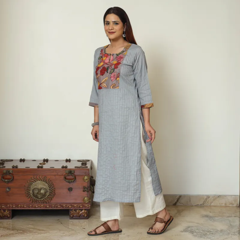 Grey - Srikalahasti Kalamkari Patchwork Pintuck Plain Cotton Straight Kurta 04 made by Itokri