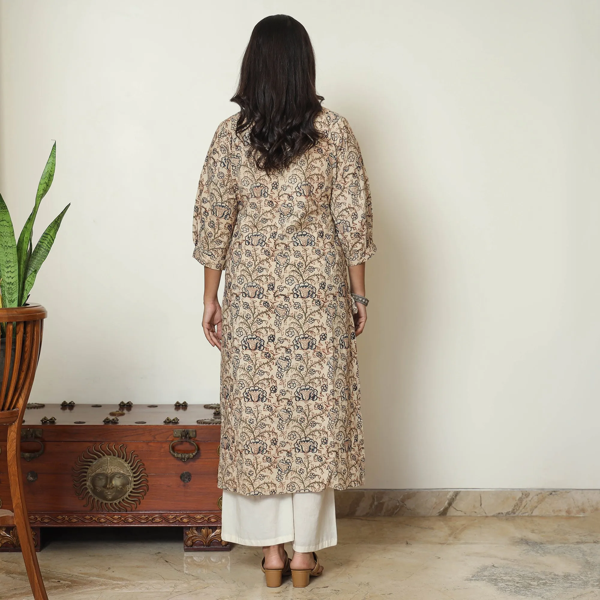 Beige - Pedana Kalamkari Block Print Cotton Pintuck Straight Kurta 08 sold by Itokri product image thumbnail 4