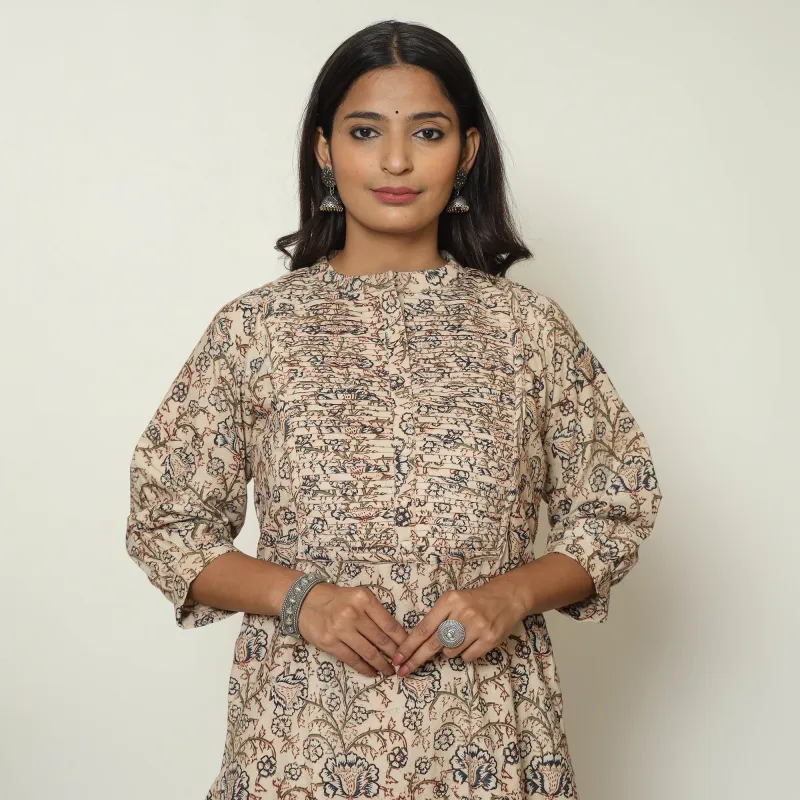 Beige - Pedana Kalamkari Block Print Cotton Pintuck Straight Kurta 08 made by Itokri