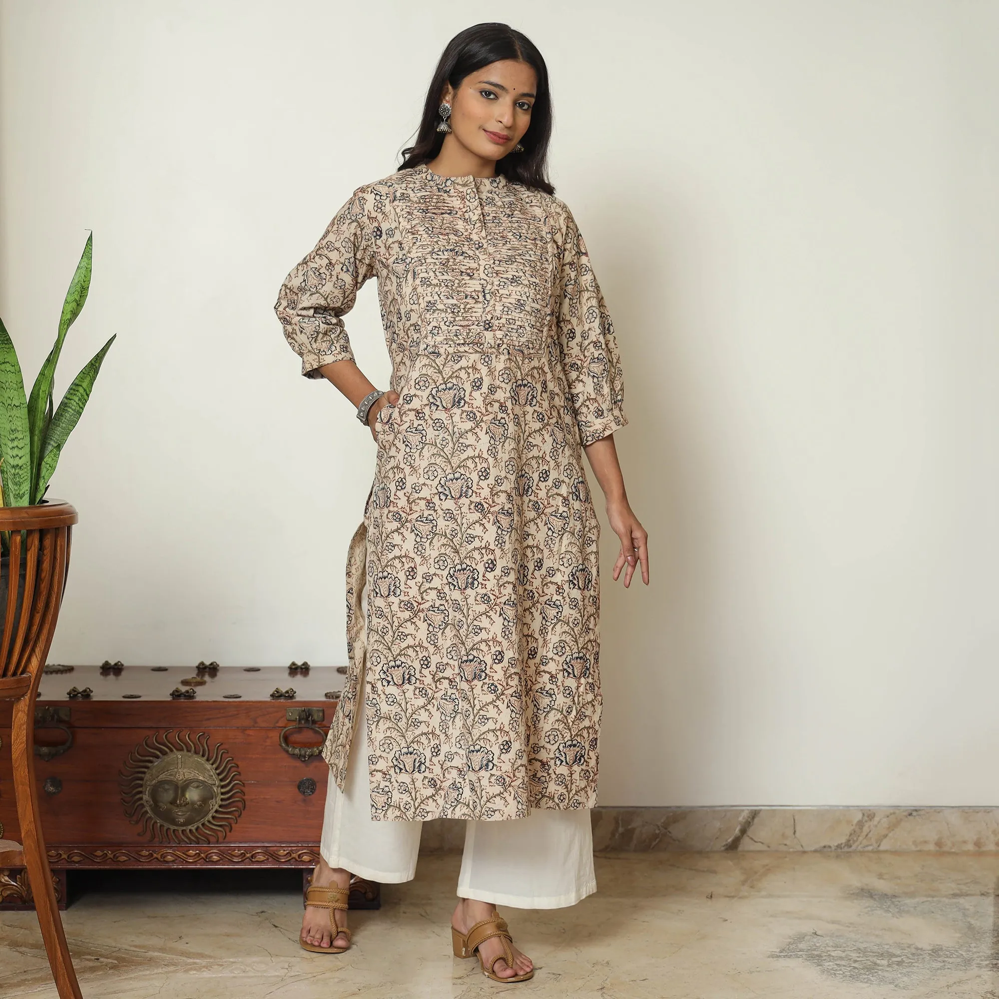 Beige - Pedana Kalamkari Block Print Cotton Pintuck Straight Kurta 08 sold by Itokri product image thumbnail 3