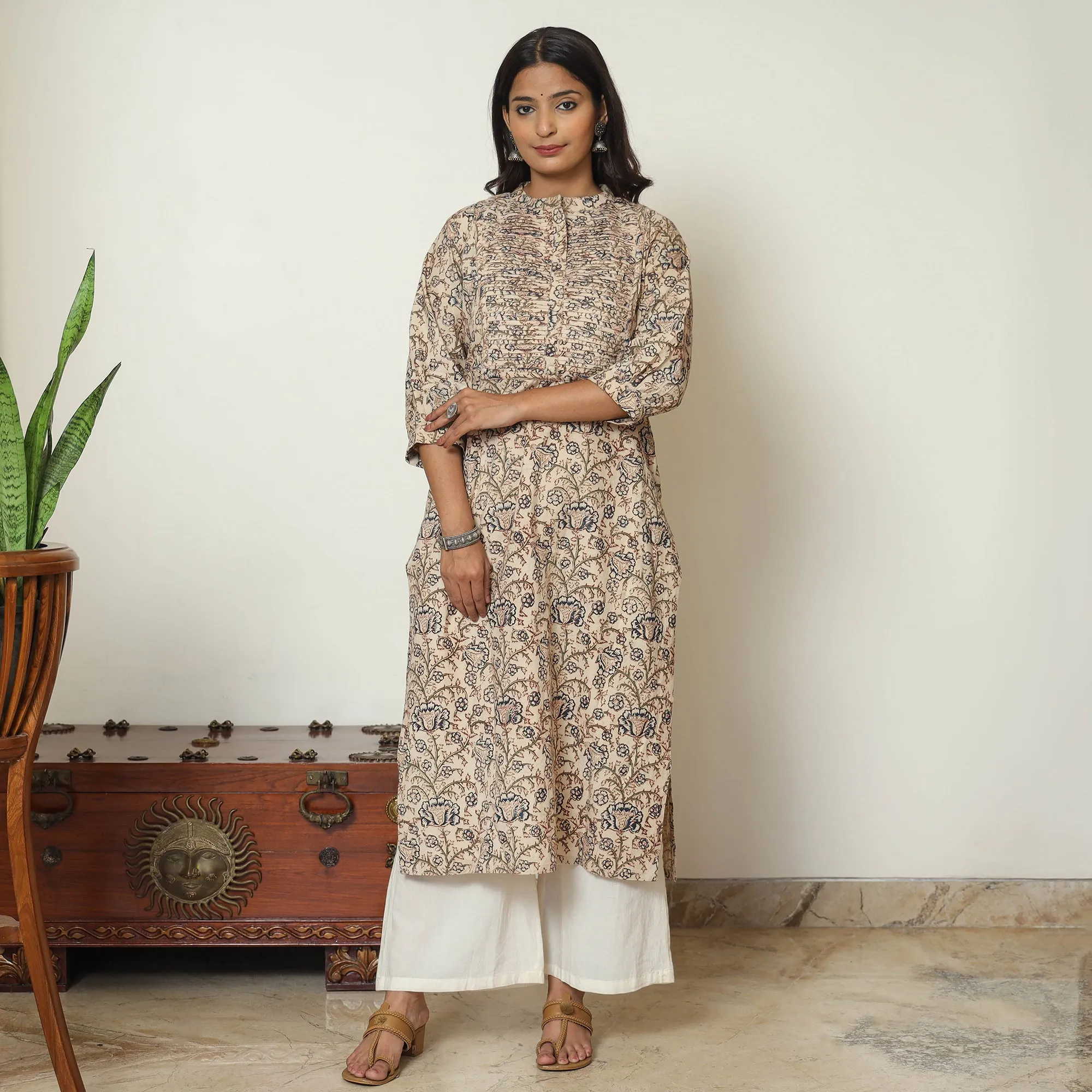 Beige - Pedana Kalamkari Block Print Cotton Pintuck Straight Kurta 08 sold by Itokri product image thumbnail 2