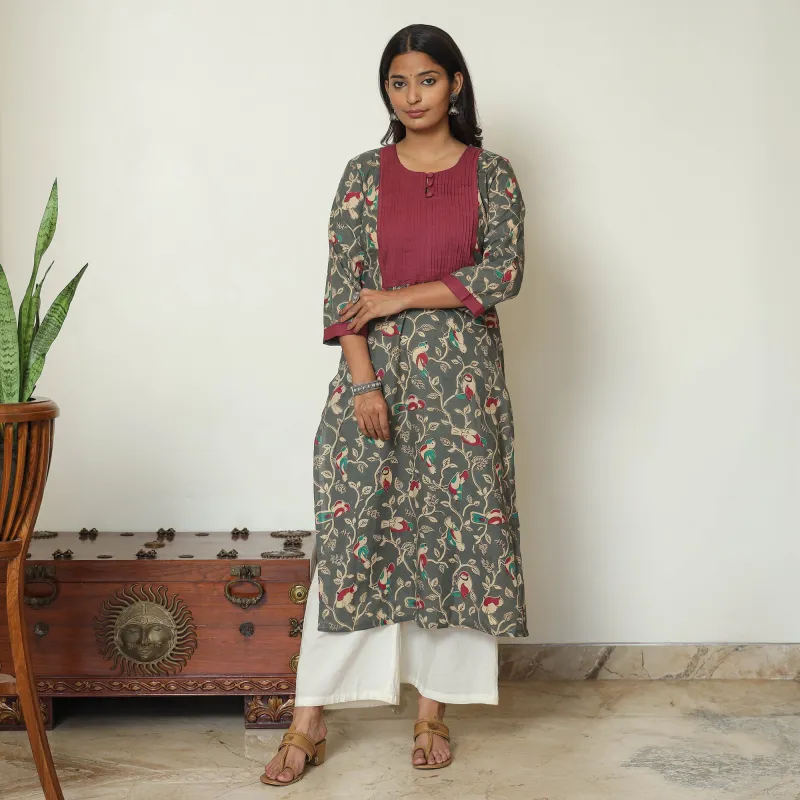 Grey - Kalamkari Printed Cotton Pintuck Long Straight Kurta 66 made by Itokri