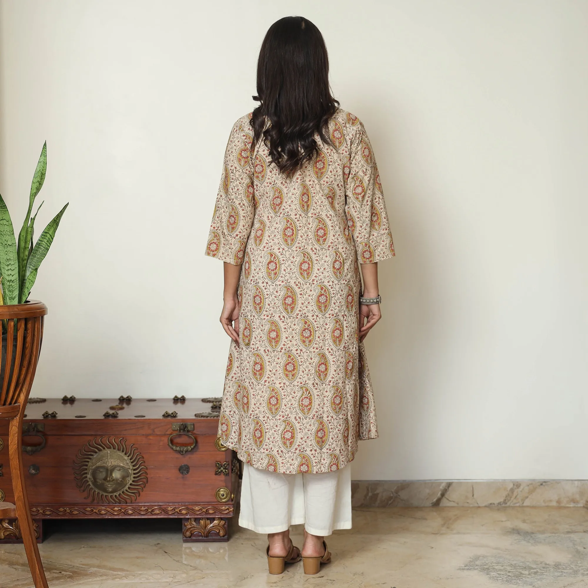 Beige - Pedana Kalamkari Block Print Cotton Pintuck Kurta 57 sold by Itokri product image thumbnail 4