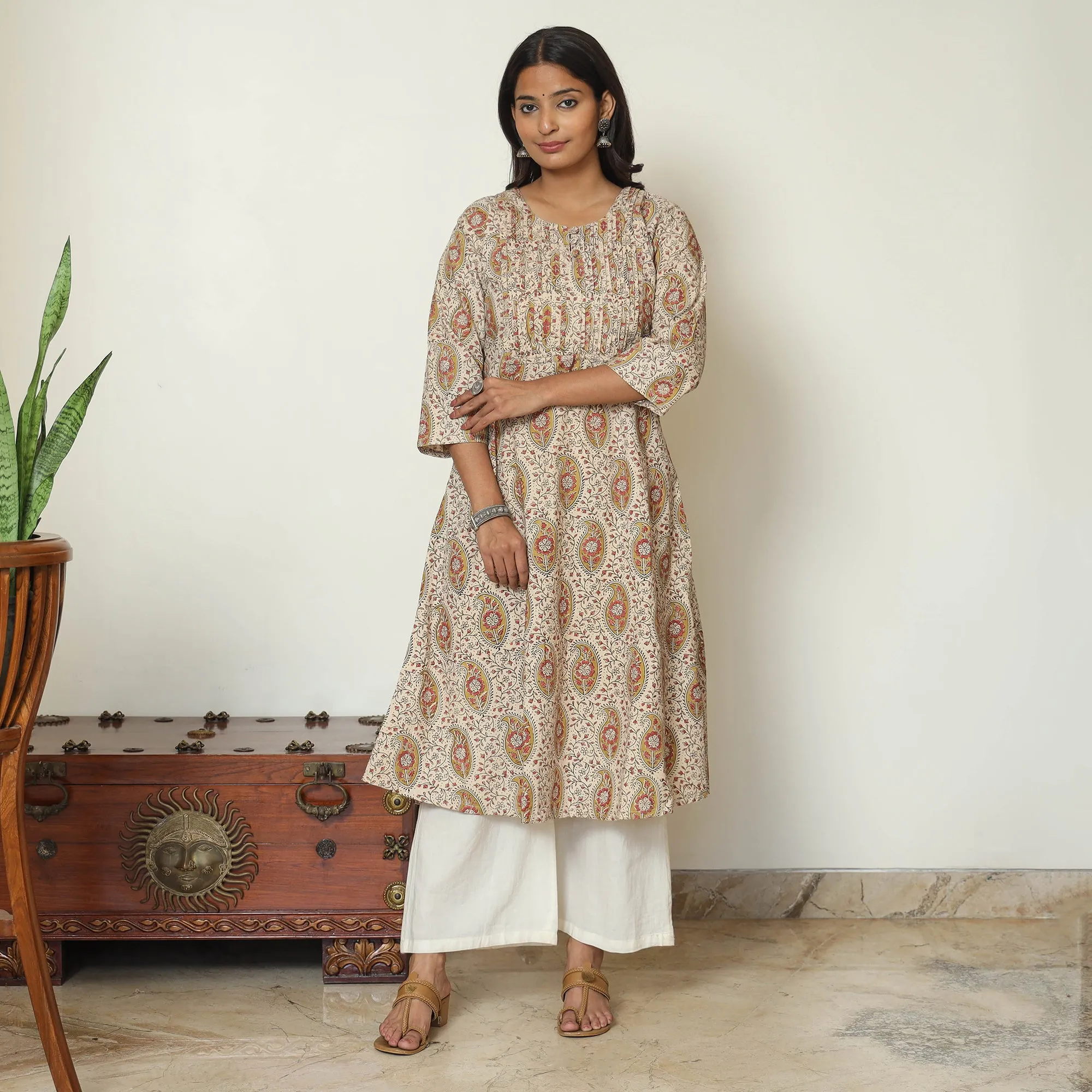Beige - Pedana Kalamkari Block Print Cotton Pintuck Kurta 57 sold by Itokri product image thumbnail 2