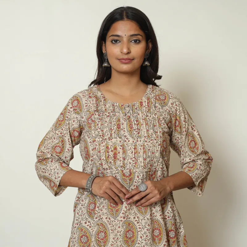 Beige - Pedana Kalamkari Block Print Cotton Pintuck Kurta 57 made by Itokri