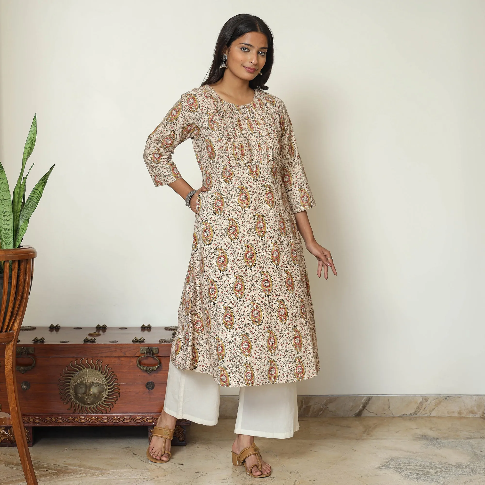 Beige - Pedana Kalamkari Block Print Cotton Pintuck Kurta 57 sold by Itokri product image thumbnail 3
