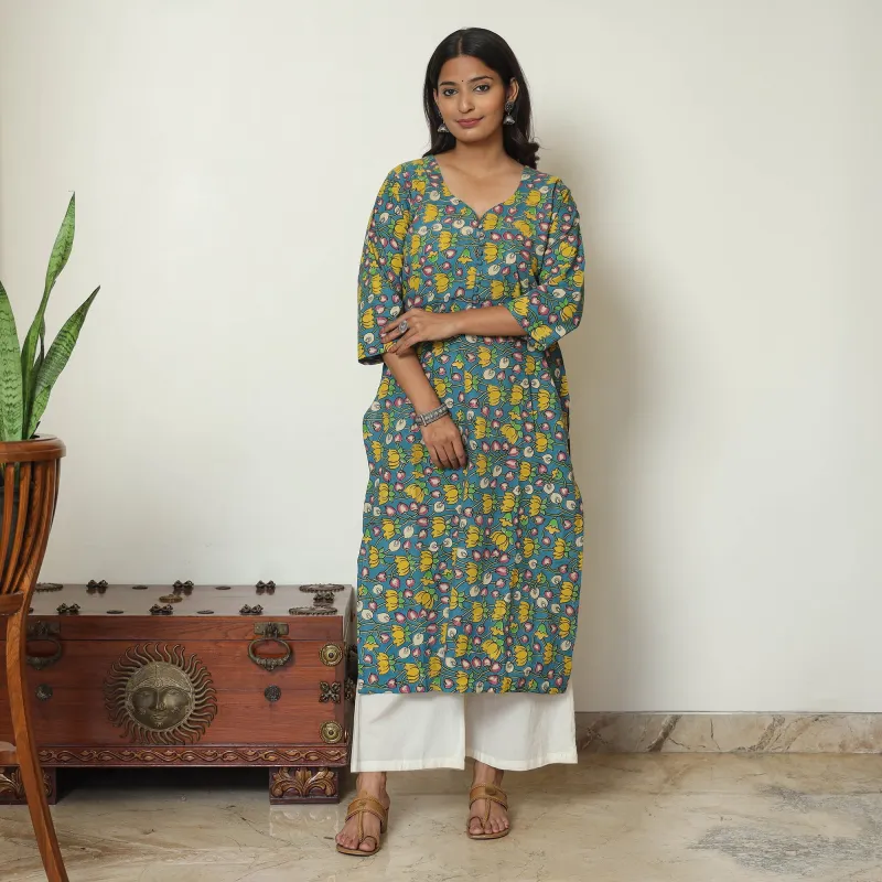 Blue - Kalamkari Printed Cotton Straight Kurta 48 made by Itokri