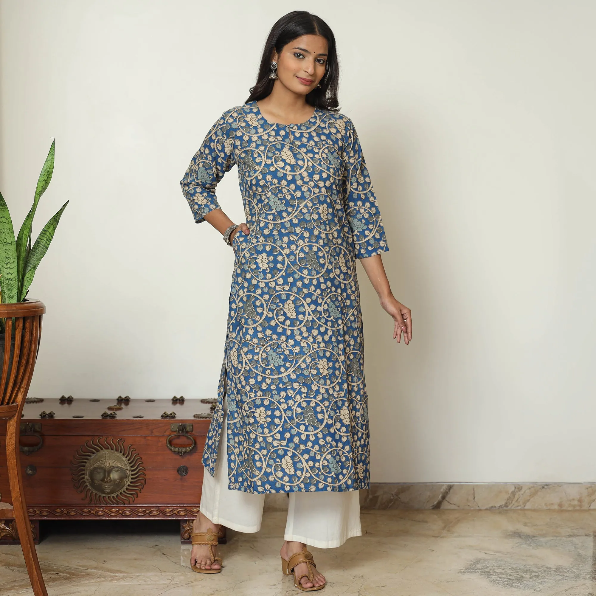 Blue - Kalamkari Printed Cotton Straight Kurta 14 sold by Itokri product image thumbnail 3