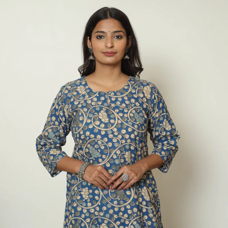 Blue - Kalamkari Printed Cotton Straight Kurta 14 made by Itokri