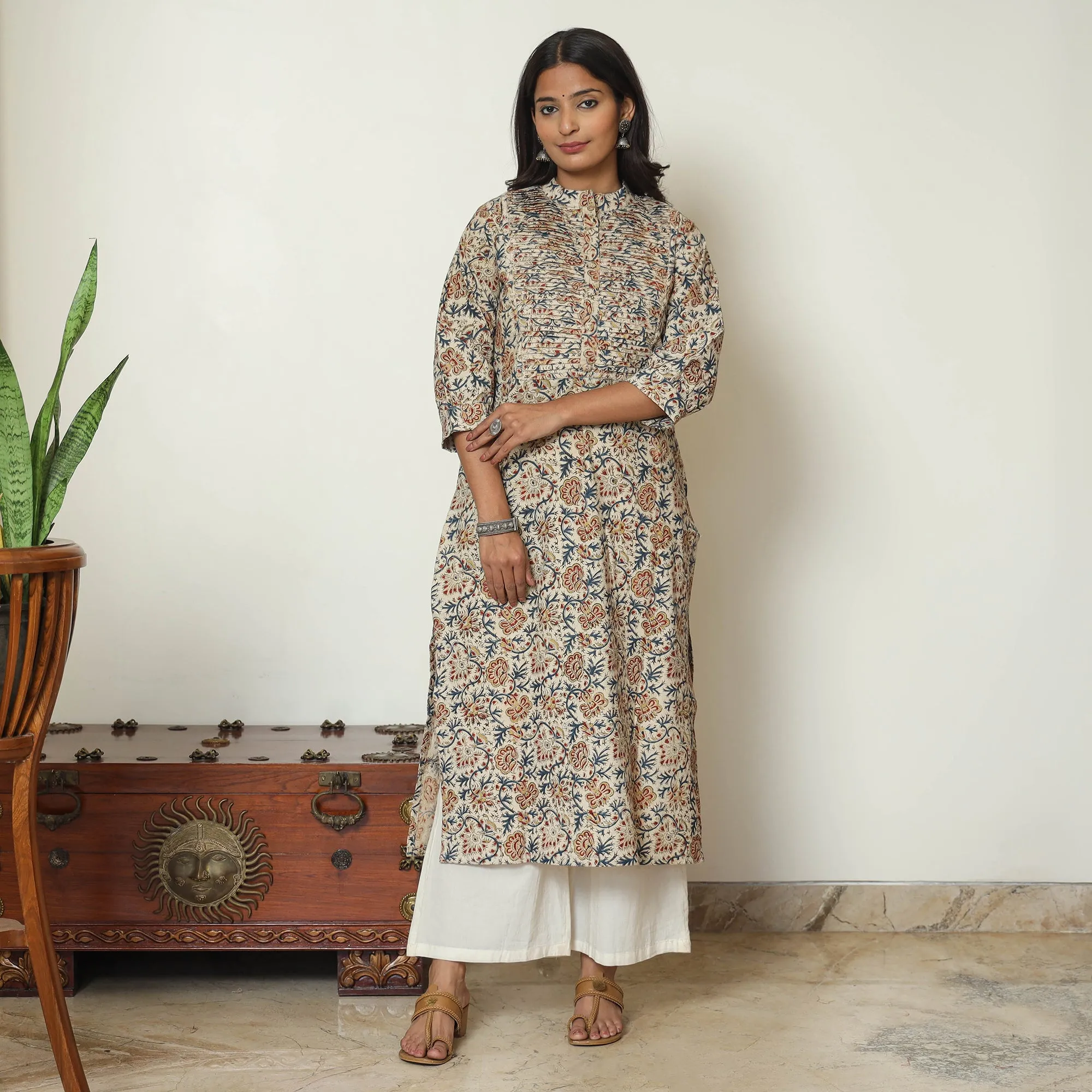 Beige - Pedana Kalamkari Hand Block Printed Cotton Pintuck Straight Kurta 43 sold by Itokri product image thumbnail 2