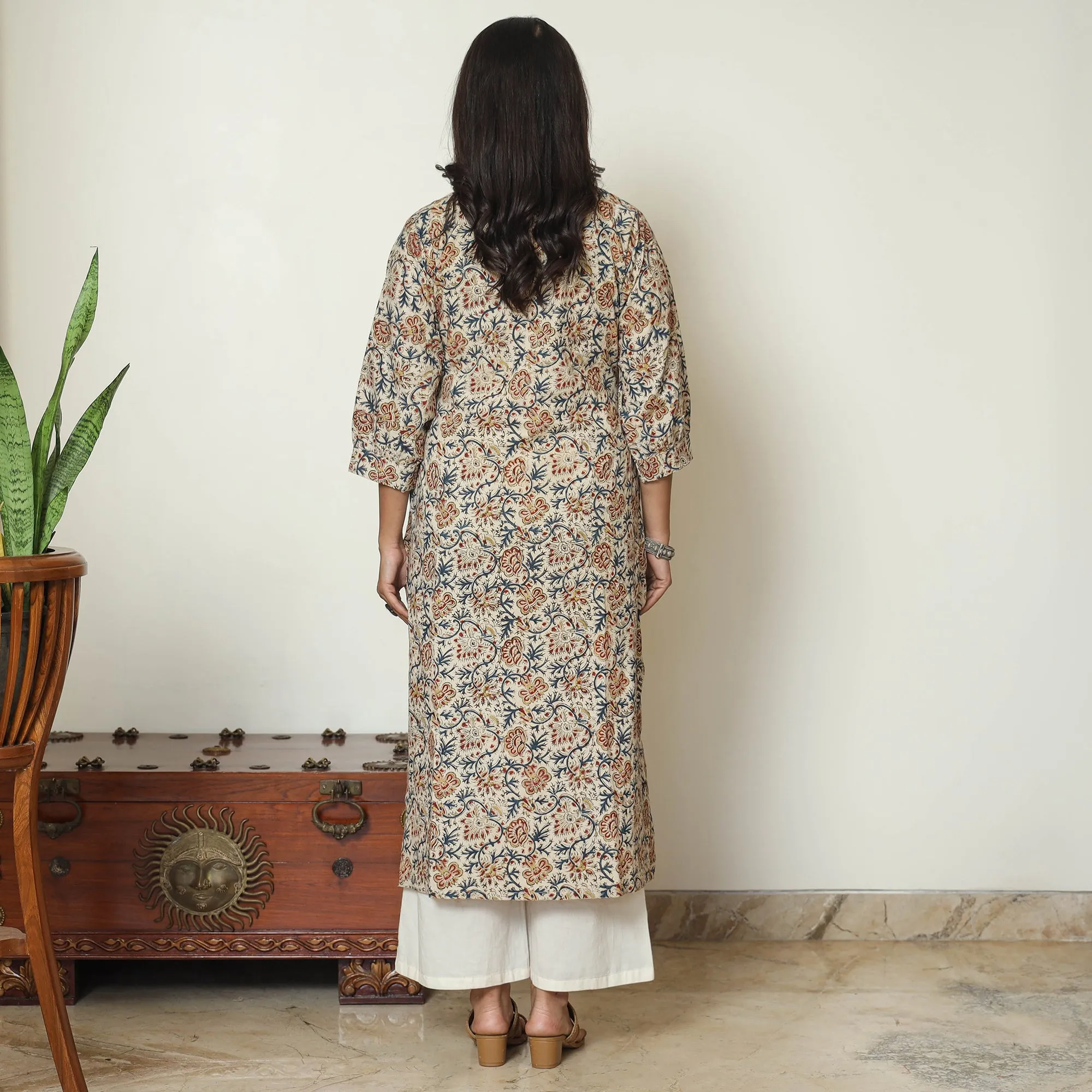 Beige - Pedana Kalamkari Hand Block Printed Cotton Pintuck Straight Kurta 43 sold by Itokri product image thumbnail 4